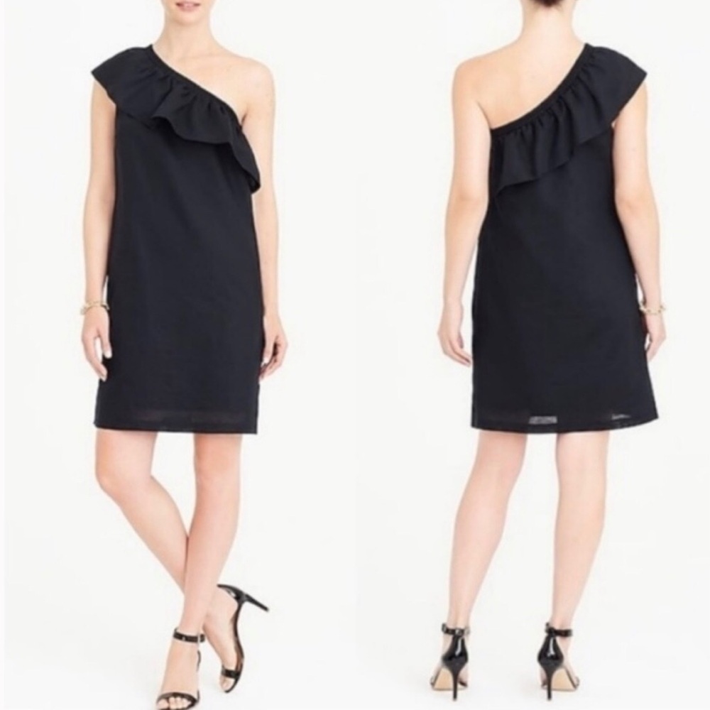 J Crew Linen blend ruffled one-shoulder Black Midi dress. Size Medium